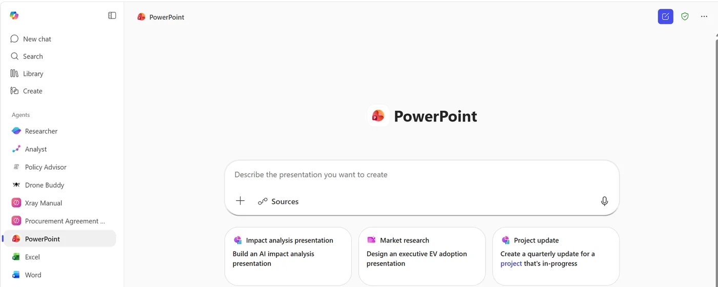 Microsoft 365 Copilot Chat with PowerPoint Agent open from the All Agents rail — composer prompt "Describe the presentation you want to create" plus three starter cards: Impact analysis presentation, Market research, and Project update.