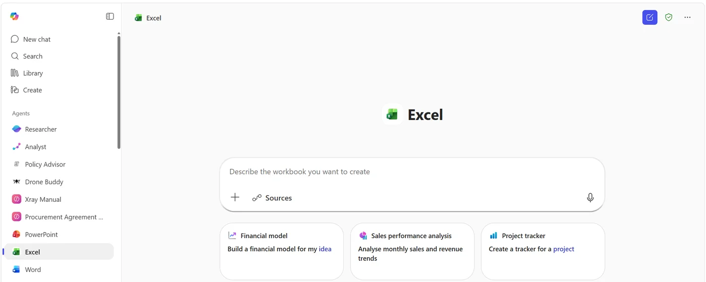 Microsoft 365 Copilot Chat with Excel Agent open from the All Agents rail — composer prompt "Describe the workbook you want to create" plus three starter cards: Financial model, Sales performance analysis, and Project tracker.