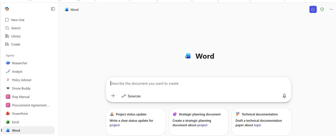 Microsoft 365 Copilot Chat with Word Agent open from the All Agents rail — composer prompt "Describe the document you want to create" plus three starter cards: Project status update, Strategic planning document, and Technical documentation.