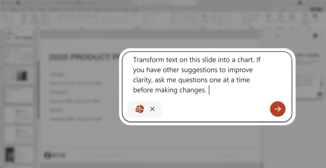 A conversational Copilot prompt overlaid inline on a PowerPoint slide reading "Transform text on this slide into a chart. If you have other suggestions to improve clarity, ask me questions one at a time before making changes." — this is the new in-presentation editing experience, not the side panel.