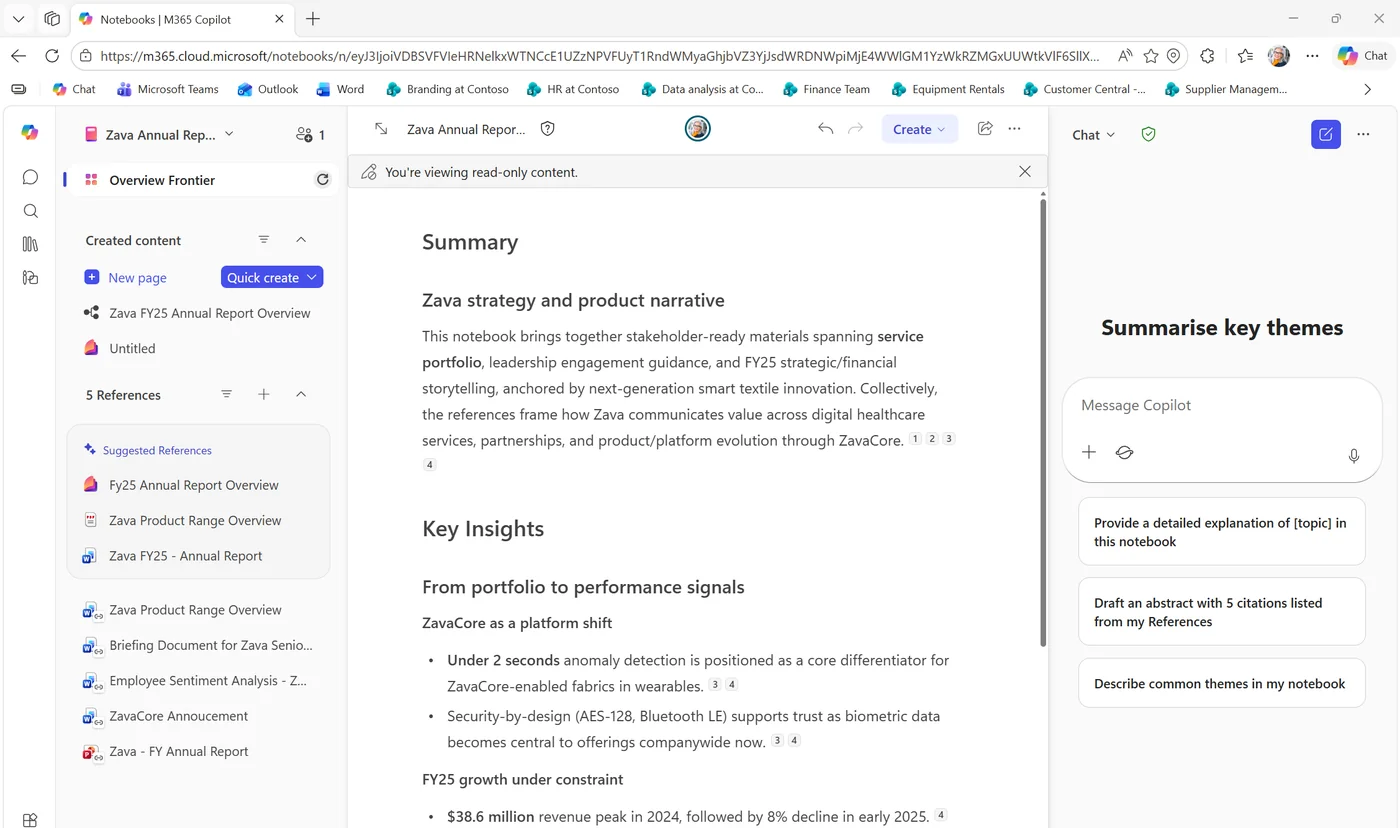 Microsoft 365 Copilot Notebooks landing page for a Zava Annual Report notebook — auto-generated Summary section, a Zava strategy and product narrative, and Key Insights with bullet points pulled from the notebook references. The right rail shows the Notebook chat with suggested prompts.