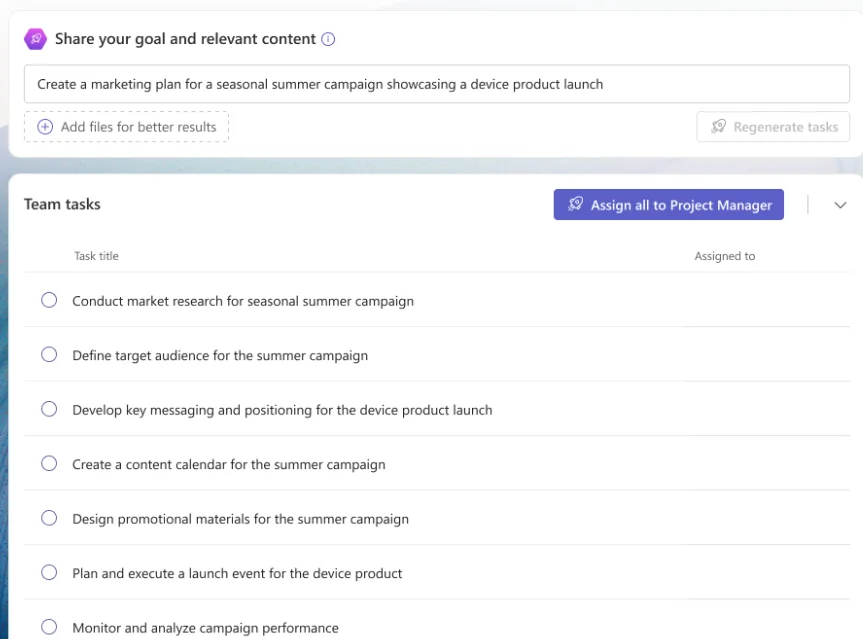 The Planner Agent task-generation interface — a goal prompt ("Create a marketing plan for a seasonal summer campaign showcasing a device product launch") at the top, then a Team tasks list of seven generated tasks (market research, audience definition, messaging, content calendar, materials, launch event, performance monitoring) with an "Assign all to Project Manager" action.
