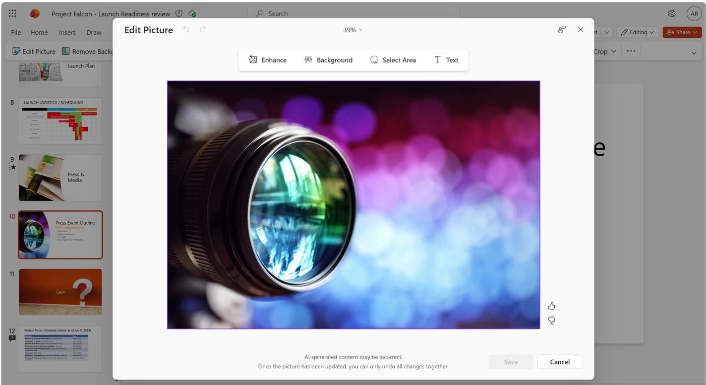 PowerPoint Edit Picture dialog opened on a stock camera-lens image — a single toolbar with four AI-powered actions (Enhance, Background, Select Area, Text) sits at the top of the dialog. Behind it, the PowerPoint ribbon shows Edit Picture and Remove Background buttons.