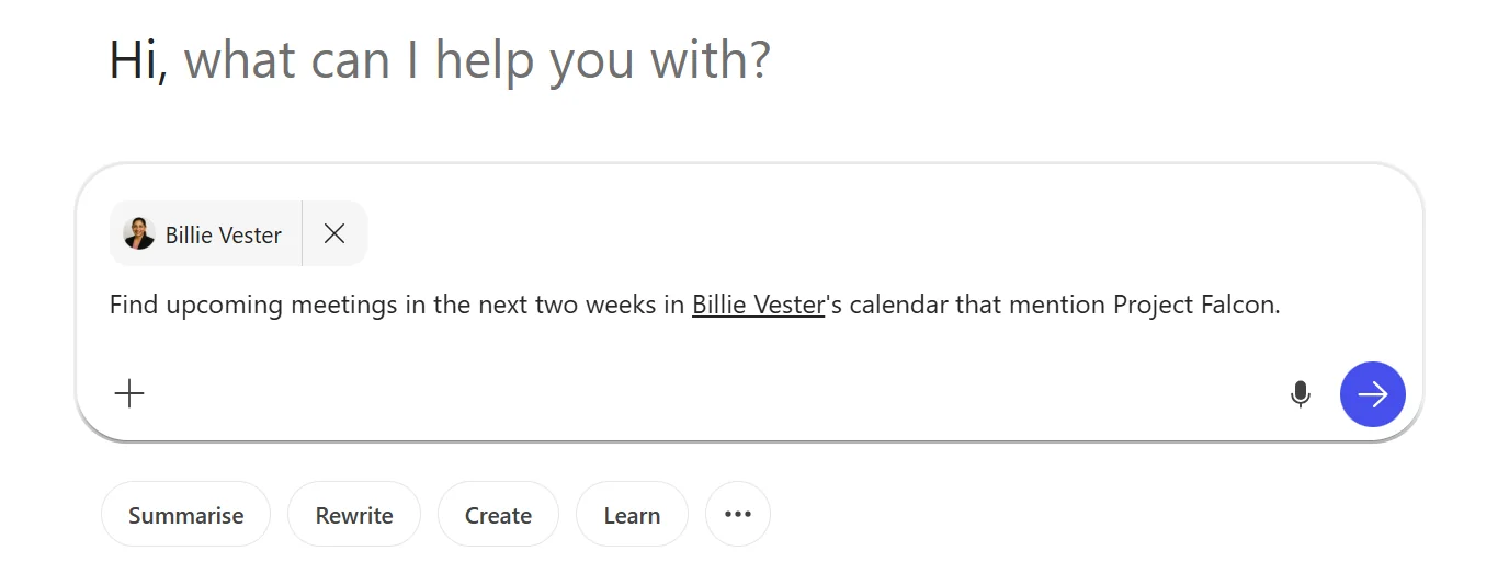 Microsoft 365 Copilot Chat composer with a delegate person chip — "Billie Vester" — pinned at the top of the prompt, and the typed query "Find upcoming meetings in the next two weeks in Billie Vester's calendar that mention Project Falcon." The person chip is how the delegate scope is set.