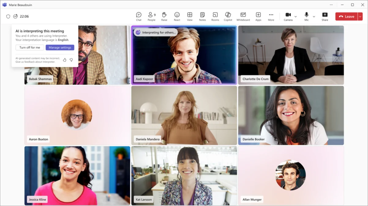 A Microsoft Teams meeting gallery with nine participant tiles. The top-left shows the Interpreter notification: "AI is interpreting this meeting. You and 4 others are using Interpreter. Your interpretation language is English." with Turn off for me and Manage settings buttons. One participant tile is labelled "Interpreting for others…"