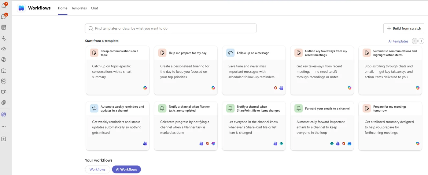 The Microsoft Teams Workflows app home with the "AI Workflows" pill selected at the bottom — ten ready-to-use AI-powered templates are shown in a grid (Recap communications, Help me prepare for my day, Follow up on a message, Outline key takeaways, Summarise communications, Automate weekly reminders, Notify a channel when Planner tasks complete, Notify a channel when SharePoint changes, Forward emails, Prepare for my meetings tomorrow).