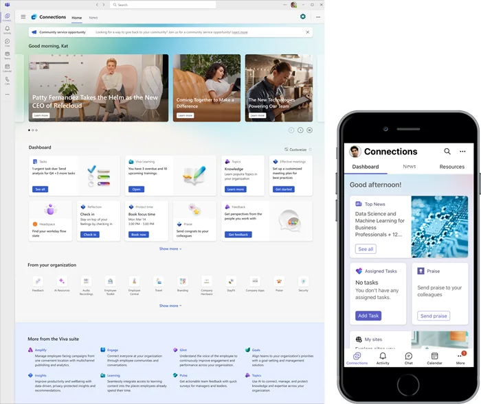 Viva Connections on the left (desktop) and right (iPhone) side-by-side — the news section shows top organisational stories with cards for company announcements. The AI audio briefing plays the top items sequentially through the mobile Connections app on iOS and Android.