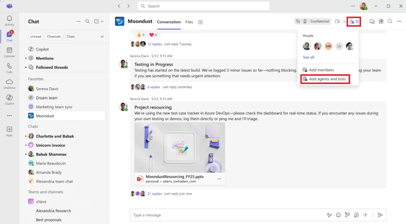 A Microsoft Teams channel conversation in the "Moondust" team — the People popup is open at the top right showing existing members plus an "Add members" link, and "Add agents and bots" is highlighted with a red box (the entry point for channel agents).