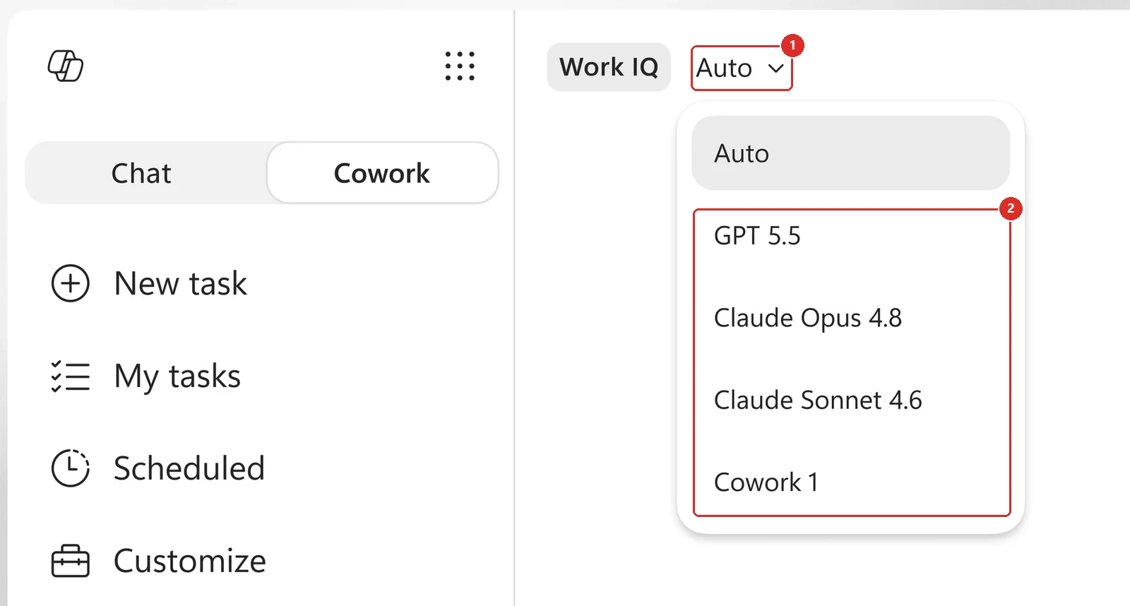The Copilot Cowork model picker. A red box marks the Auto control in the top bar. A second red box marks the models listed below Auto: GPT 5.5, Claude Opus 4.8, Claude Sonnet 4.6 and Cowork 1.