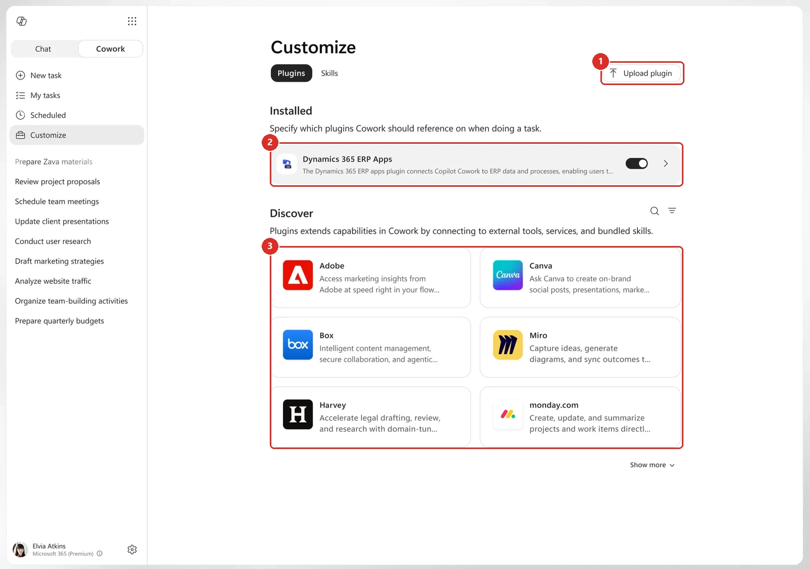 The Customize page in Copilot Cowork. A red box marks the Upload plugin button. A second red box marks the Installed section with Dynamics 365 ERP Apps and a toggle. A third red box marks the Discover grid of third-party plugins including Adobe, Canva, Box, Miro, Harvey and monday.com.