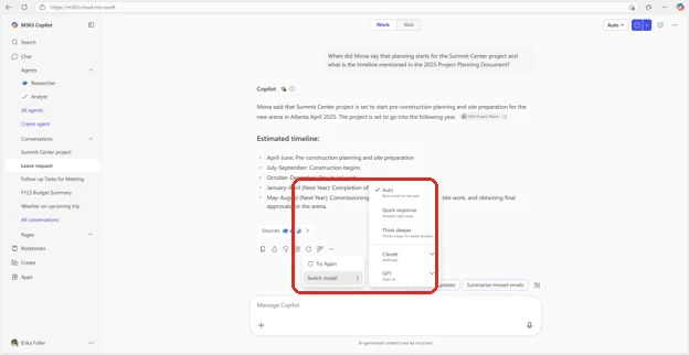 Microsoft 365 Copilot Chat showing an answer with an open menu containing Try Again and Switch model, and a model list with Auto, Quick response, Think deeper, Claude and GPT.