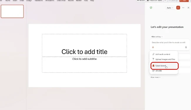 PowerPoint on the web with an empty title slide and the Copilot pane open, showing a plus menu with Add work content, Upload images and files, Select brands, and All skills.