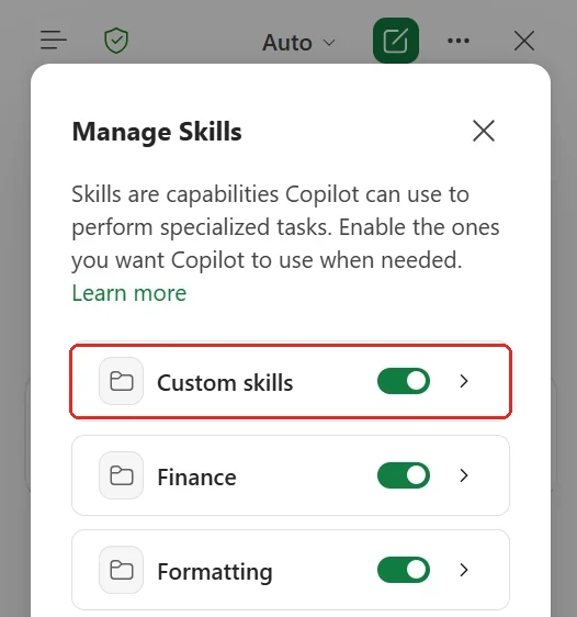 A Manage Skills dialog in Copilot for Excel listing Custom skills, Finance and Formatting, each with a toggle switched on.