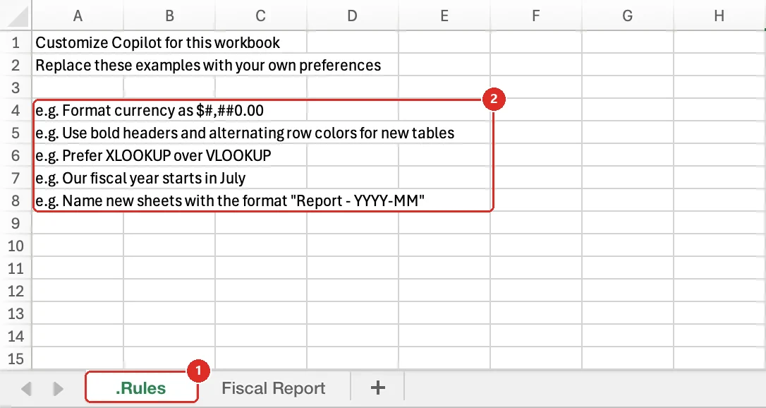 An Excel worksheet with example Copilot rules in column A and two sheet tabs at the bottom, .Rules and Fiscal Report.