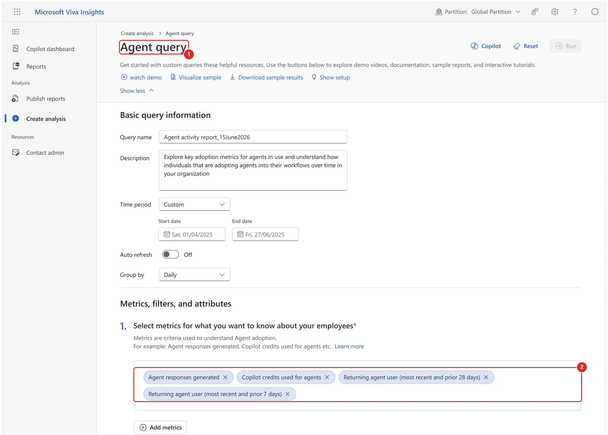 Microsoft Viva Insights Create analysis page showing an Agent query with a query name, description, custom time period, and selected metrics including Agent responses generated and Copilot credits used for agents.