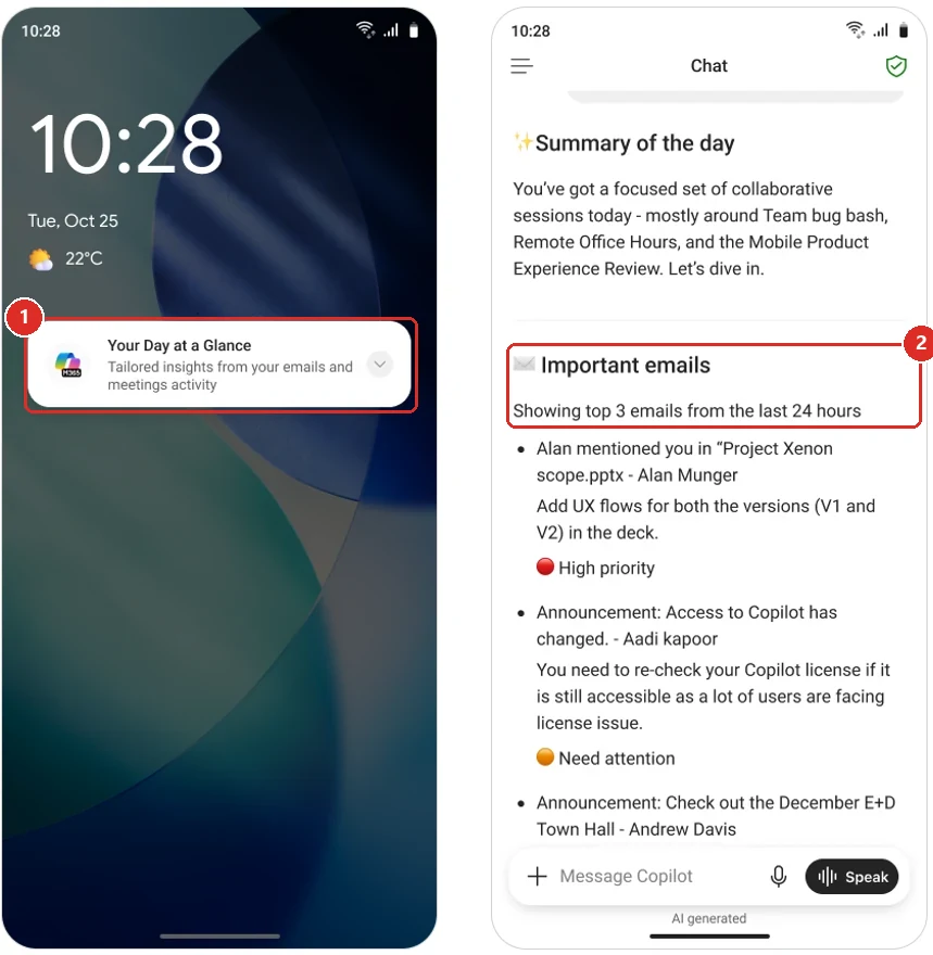 Official Microsoft image in two panels. Left, a phone lock screen where a red box marks a Your Day at a Glance notification reading Tailored insights from your emails and meetings activity. Right, the Copilot app opened to a Summary of the day, where a second red box marks an Important emails heading and the line Showing top 3 emails from the last 24 hours, followed by three summarised emails tagged High priority and Need attention.