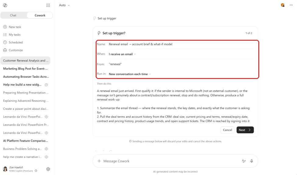 Cowork showing a Set up trigger card. A red box surrounds the whole trigger definition: Name set to Renewal email to account brief and what-if model, When set to I receive an email, From set to renewal, and Run in set to New conversation each time. Below the box, a Then do this instruction block spells out how to qualify the email and what to pull from the CRM.