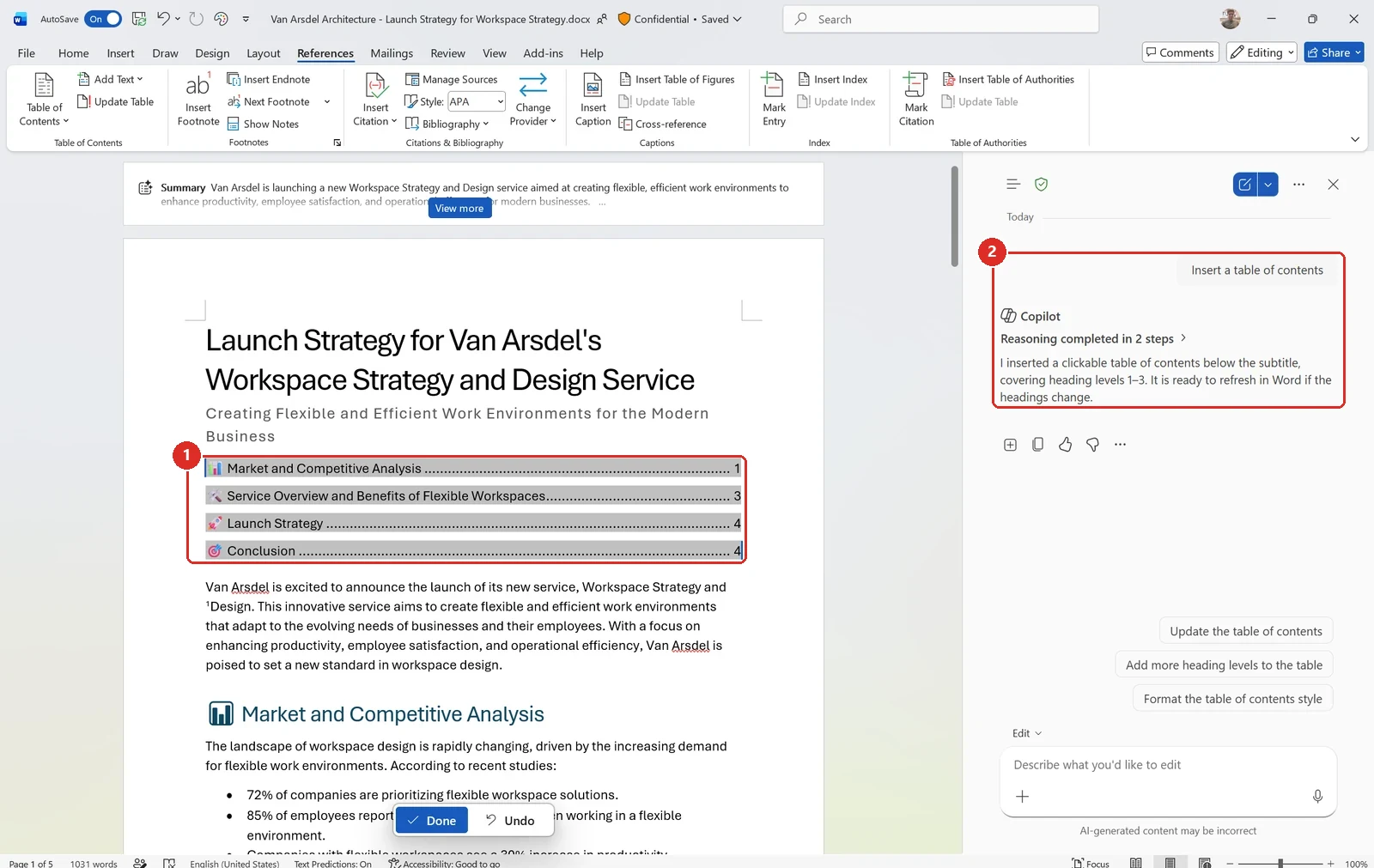 Official Microsoft image of Word with the References ribbon open. A red box in the document marks a clickable table of contents inserted below the subtitle, listing Market and Competitive Analysis, Service Overview and Benefits of Flexible Workspaces, Launch Strategy and Conclusion with page numbers. A second red box in the Copilot pane on the right marks the prompt Insert a table of contents, the line Reasoning completed in 2 steps, and Copilot's reply saying it inserted a clickable table of contents below the subtitle covering heading levels 1 to 3, ready to refresh in Word if the headings change.
