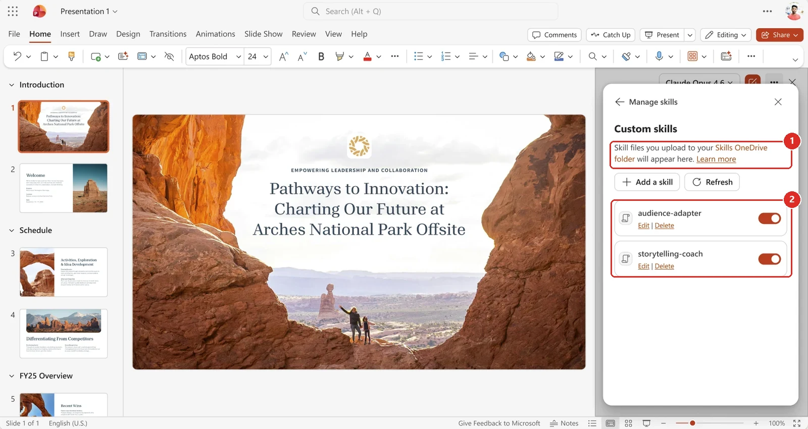 The Manage skills pane in PowerPoint. A red box marks the line explaining that skill files uploaded to your Skills OneDrive folder will appear here. A second red box marks two custom skills, audience-adapter and storytelling-coach, each with an Edit and Delete link and an on toggle.