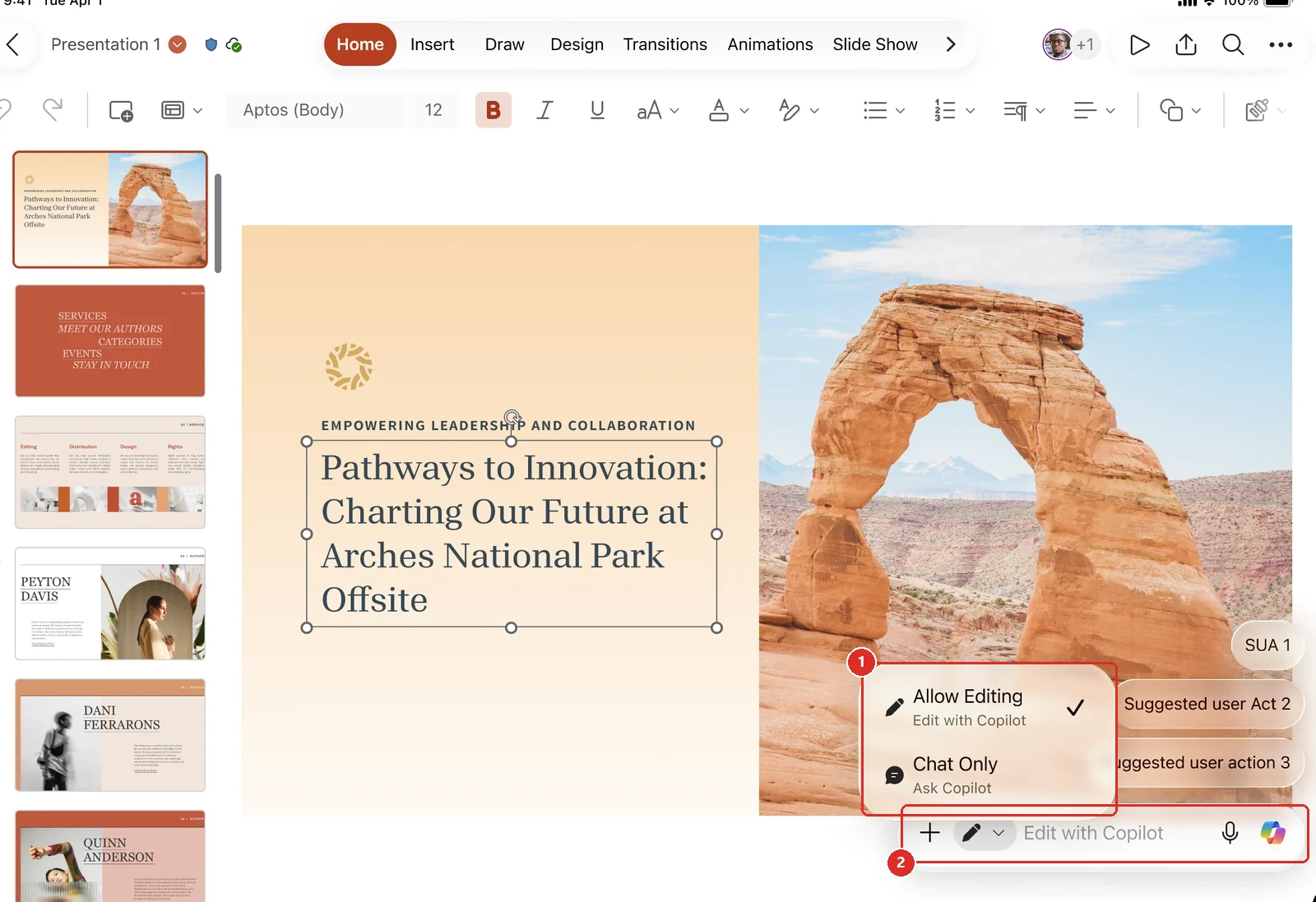 Official Microsoft image of PowerPoint on an iPad showing a title slide reading Pathways to Innovation, Charting Our Future at Arches National Park Offsite. A red box marks a mode picker offering Allow Editing, described as Edit with Copilot and currently ticked, and Chat Only, described as Ask Copilot. A second red box marks the prompt bar beneath it, labelled Edit with Copilot.