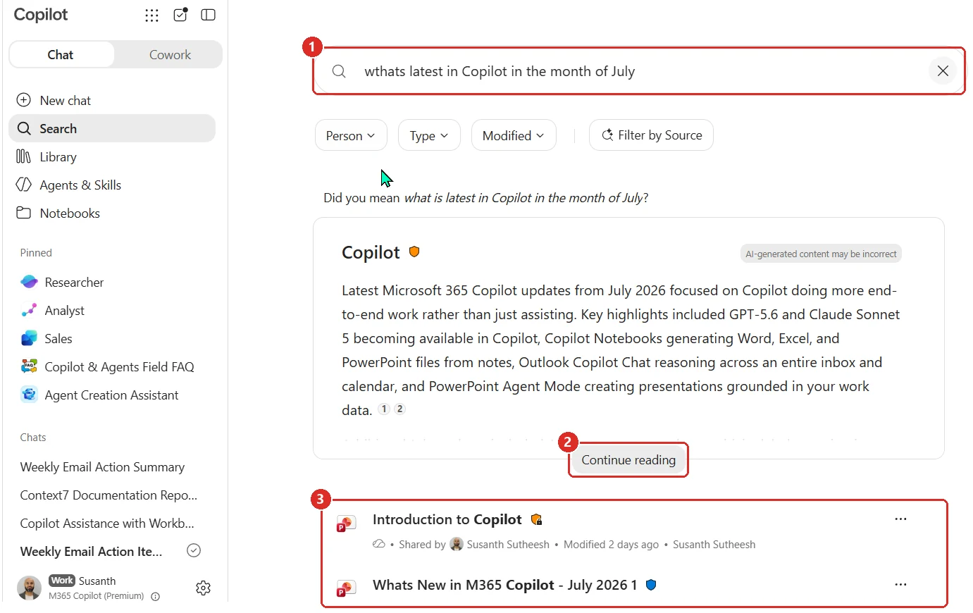 Copilot Search in my own tenant, with Search selected in the left rail. Box 1 marks the search box containing the query about what is latest in Copilot in the month of July, with a Did you mean correction beneath it. The Copilot answer card returns one short paragraph summarising July's updates with two numbered citations and an AI-generated content may be incorrect badge. Box 2 marks the Continue reading button below the faded-out end of that answer. Box 3 marks the file results underneath, two PowerPoint files each showing a sensitivity label shield.