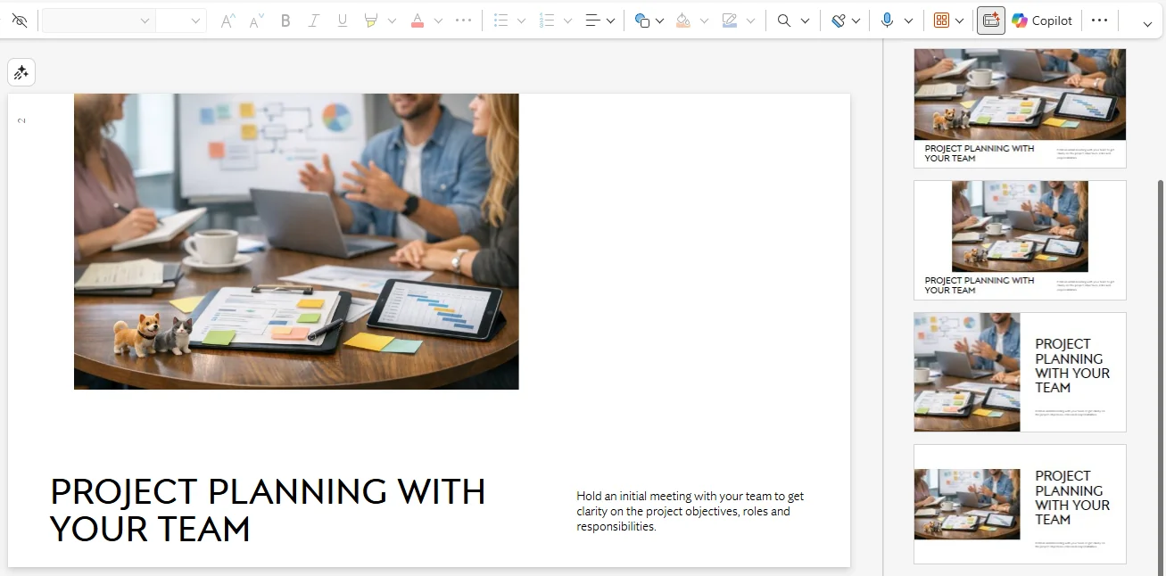 PowerPoint editing 'Project Planning with Your Team' slide with the Designer panel open on the right, showing four AI-generated layout variations of the same slide (image-left, image-right, image-top arrangements)