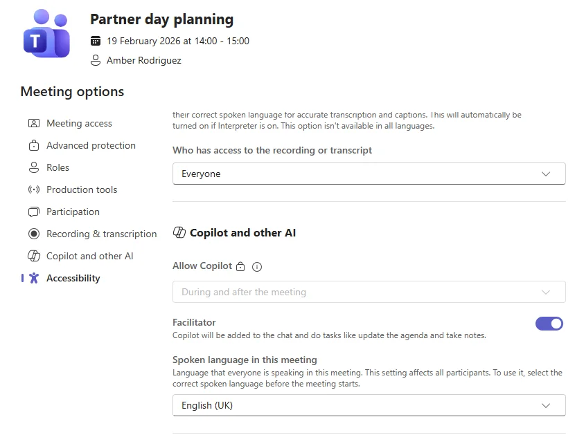 Teams meeting options page for 'Partner day planning' showing the new 'Copilot and other AI' section with the Facilitator toggle ON and the description: 'Copilot will be added to the chat and do tasks like update the agenda and take notes'