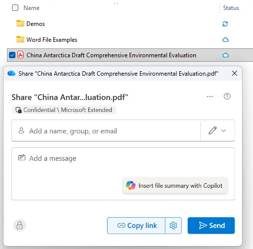 OneDrive Share dialog for 'China Antarctica Draft Comprehensive Environmental Evaluation.pdf' with a Confidential\Microsoft Extended sensitivity label and a prominent new 'Insert file summary with Copilot' button above the recipient field