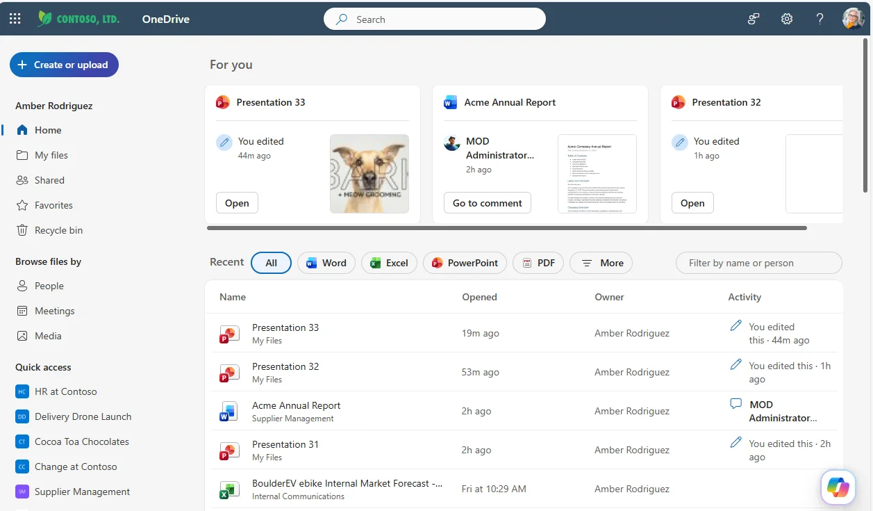 OneDrive Home view with 'For you' file cards (Presentation 33, Acme Annual Report, Presentation 32) and the new floating Copilot icon visible in the bottom-right corner of the page