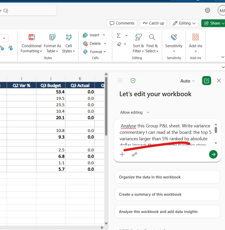 Excel with Copilot side panel — variance commentary prompt