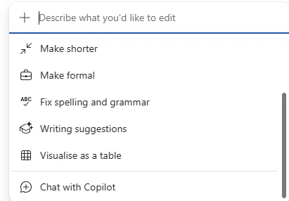 The Microsoft 365 Copilot context menu in Word — Describe what you'd like to edit composer at the top, then a vertical list of actions: Make shorter, Make formal, Fix spelling and grammar, Writing suggestions (the new coaching entry point), Visualise as a table, and Chat with Copilot.
