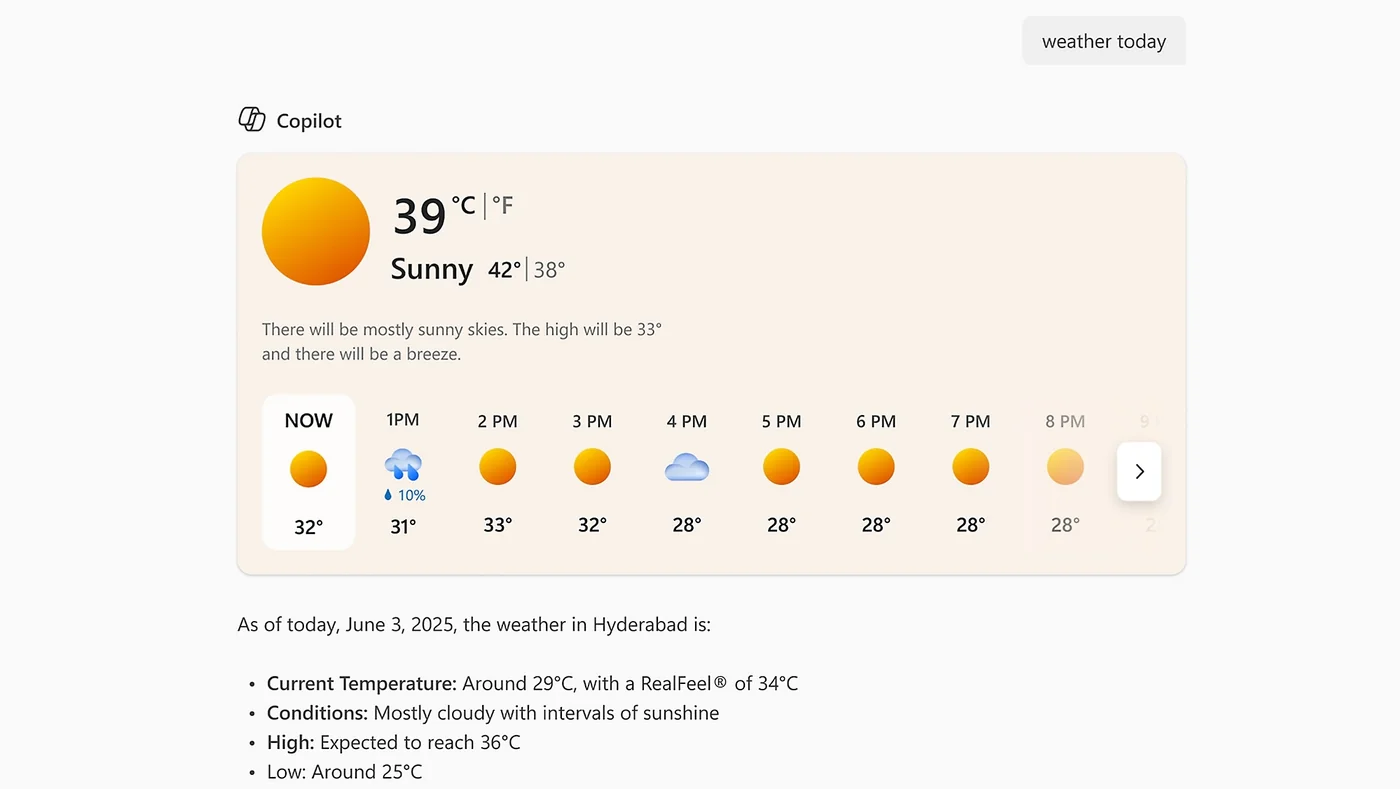 A "weather today" prompt in Microsoft 365 Copilot returning a Bing-style answer card — current temperature 39°C, Sunny condition with high/low 42°/38°, a short forecast description, and an hourly strip from NOW through 9 PM with sun, rain (10%), and cloud icons across the timeline.