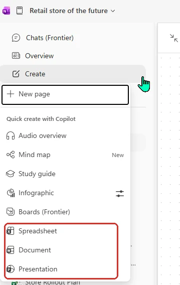 Screenshot from a Microsoft 365 Copilot tenant: the Create menu of a Copilot Notebook opened in OneNote (notebook 'Retail store of the future'), listing 'Quick create with Copilot' options — Audio overview, Mind map, Study guide, Infographic, Boards, and (red-boxed) Spreadsheet, Document and Presentation, which are the Excel, Word and PowerPoint outputs.