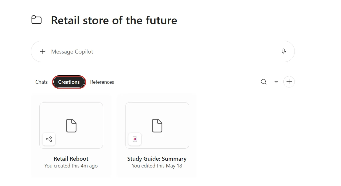 Screenshot from a Microsoft 365 Copilot tenant: the same notebook in the Microsoft 365 Copilot app on the red-boxed 'Creations' tab, showing the files it has generated — a 'Retail Reboot' document created minutes ago and a 'Study Guide: Summary' — next to the Chats and References tabs.
