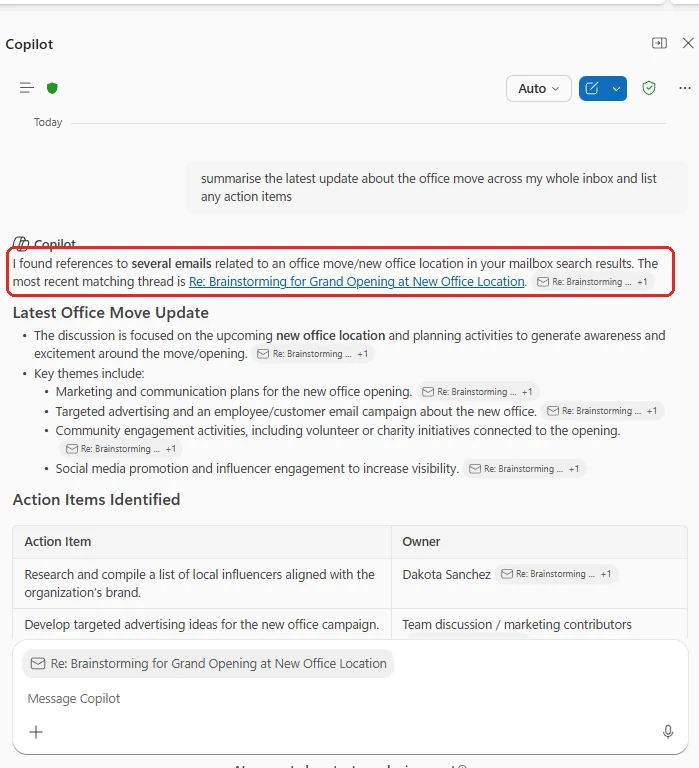 Screenshot of Copilot Chat in Outlook for a user without a Microsoft 365 Copilot licence: asked to 'summarise the latest update about the office move across my whole inbox and list any action items', Copilot replies that it 'found references to several emails related to an office move in your mailbox search results' (red-boxed), cites several mail threads, and returns a structured update plus an Action Items table.