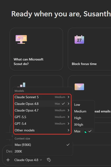Screenshot of Microsoft Scout (Frontier): the model picker open on the home screen, letting you switch model per message — Claude Sonnet 5, Claude Opus 4.8 and 4.7, GPT-5.5 and GPT-5.4 (red-boxed), each with its own reasoning-effort setting (Low to Max) — plus a context-window size of up to Max (936K).