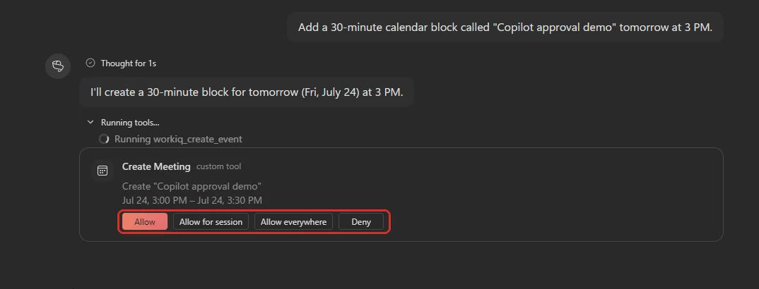 Screenshot of Microsoft Scout (Frontier): asked to add a calendar block, Scout pauses before acting and shows a 'Create Meeting' approval card for a 'Copilot approval demo' event with Allow, Allow for session, Allow everywhere and Deny buttons (red-boxed) — its approval-first safety in action.