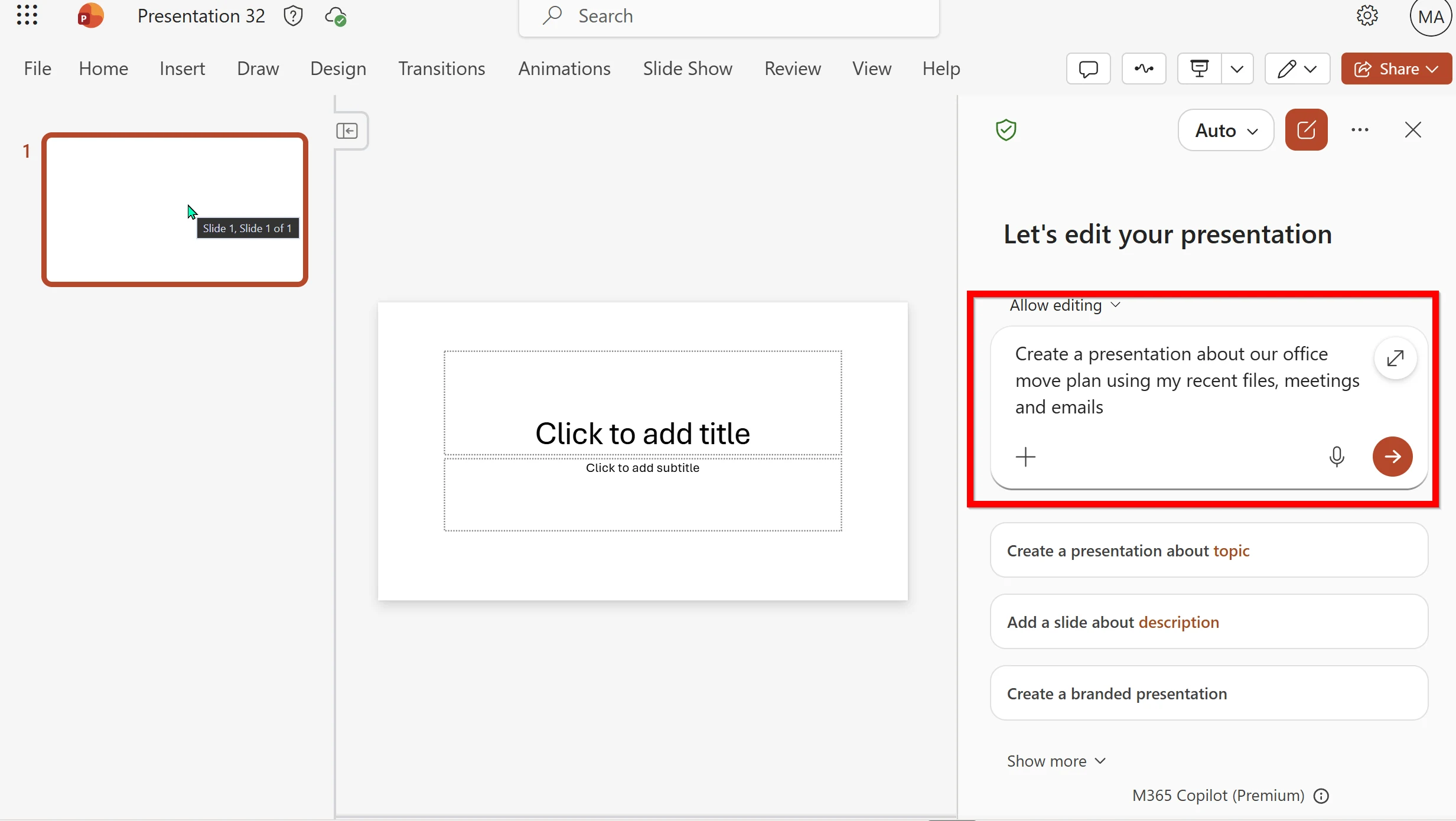 Screenshot from a Microsoft 365 Copilot tenant: the 'Edit with Copilot' pane in PowerPoint with the prompt 'Create a presentation about our office move plan using my recent files, meetings and emails' — building a deck grounded in the user's own work through Work IQ.