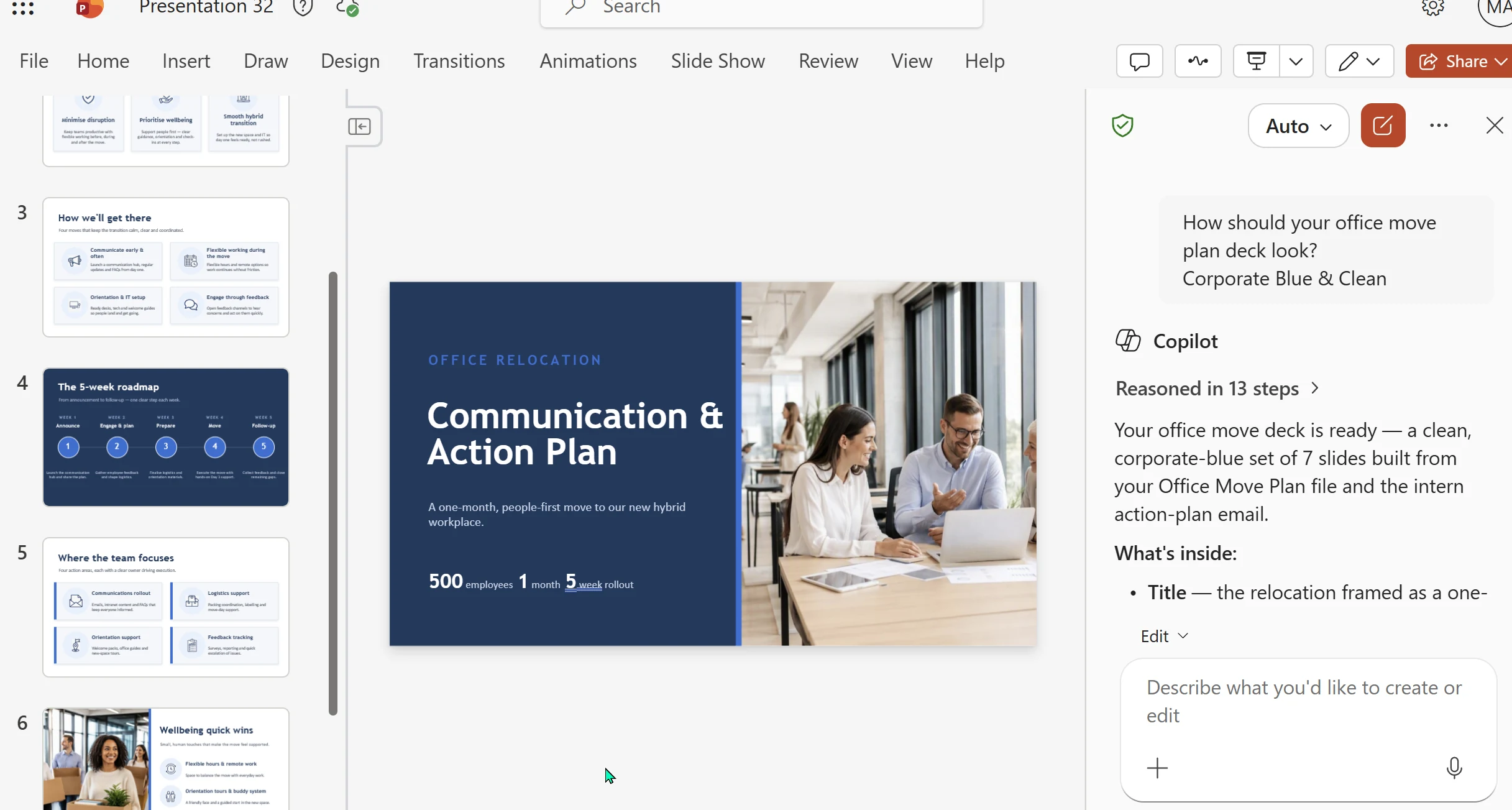 Screenshot from a Microsoft 365 Copilot tenant: the finished result — Copilot in PowerPoint has built a 7-slide 'Communication & Action Plan' office-relocation deck, noting it was 'built from your Office Move Plan file and the intern action-plan email' after reasoning in 13 steps.