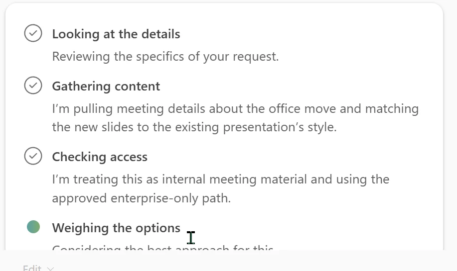 Screenshot from a Microsoft 365 Copilot tenant: Copilot in PowerPoint reasoning through a request — 'Gathering content: I'm pulling meeting details about the office move and matching the new slides to the existing presentation's style' — as it builds a deck from a Teams meeting.