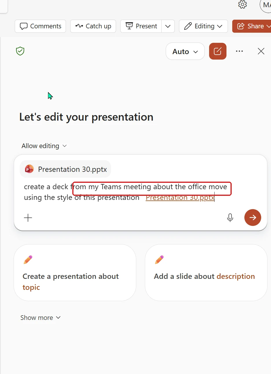 Screenshot from a Microsoft 365 Copilot tenant: the Copilot in PowerPoint prompt box with the request 'create a deck from my Teams meeting about the office move using the style of this presentation', where the Teams meeting reference is highlighted with a red box to show how you point PowerPoint at a Teams conversation.