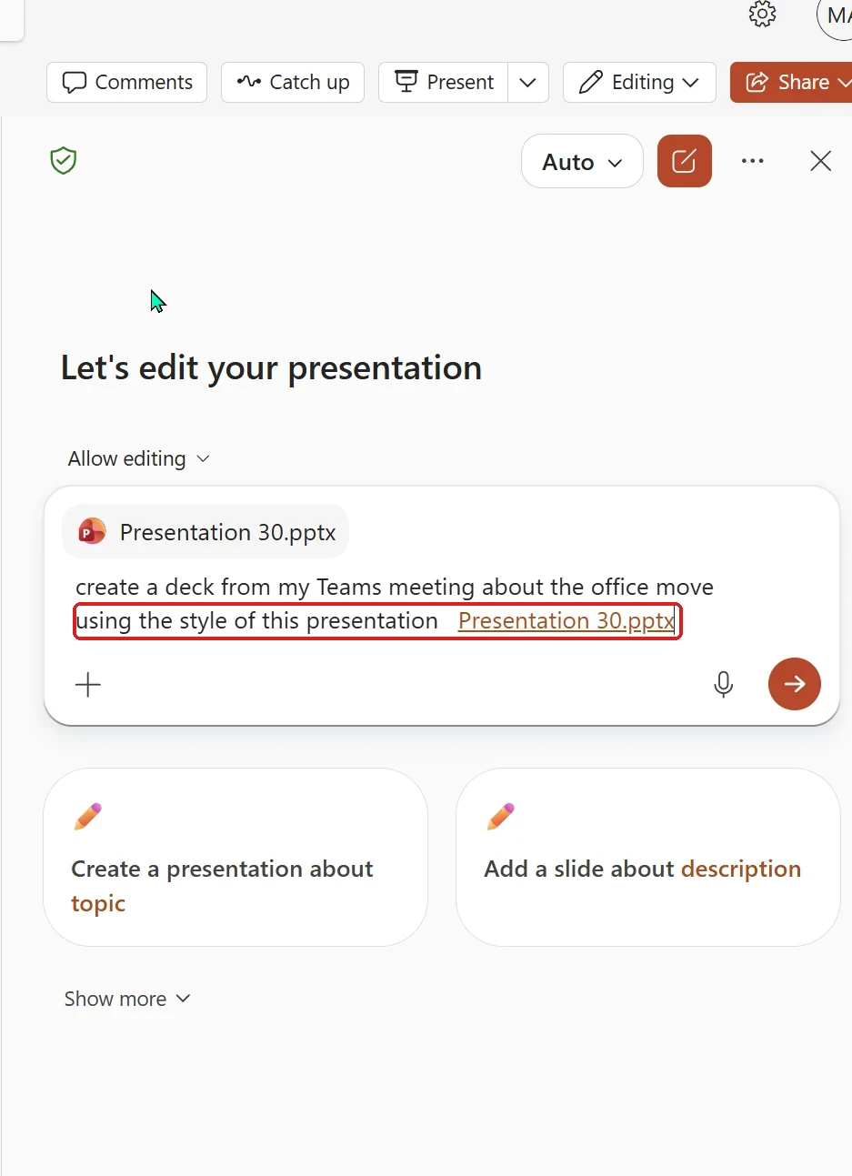 Screenshot from a Microsoft 365 Copilot tenant: the Edit with Copilot pane in PowerPoint with an existing deck (Presentation 30.pptx) referenced, and the prompt 'create a deck from my Teams meeting about the office move using the style of this presentation' — reusing an existing deck's style.