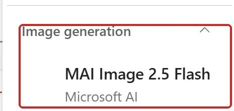 Screenshot from a Microsoft 365 Copilot tenant: the PowerPoint model picker cropped to its Image generation section, with a red box around the current Microsoft UI label 'MAI Image 2.5 Flash'.