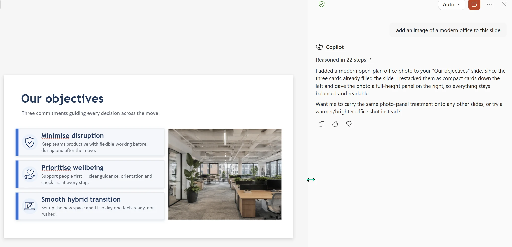 Screenshot from a Microsoft 365 Copilot tenant: Copilot in PowerPoint has generated a modern open-plan office photo and placed it on the 'Our objectives' slide — restacking the three commitment cards down the left into a full-height photo panel — after reasoning in 22 steps.