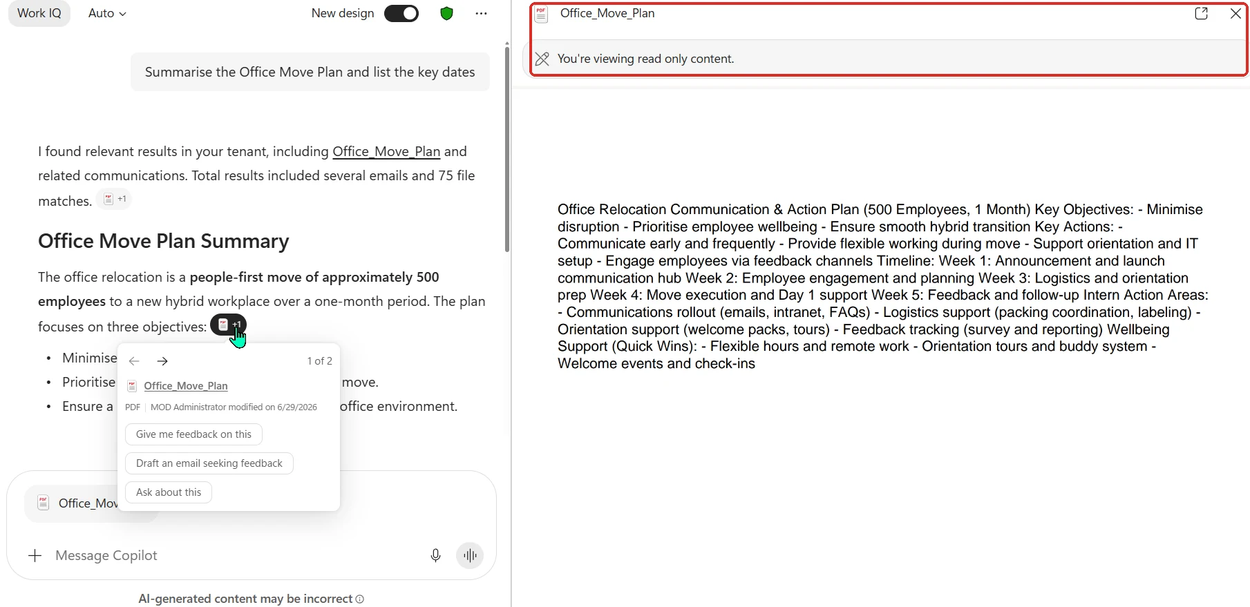 Screenshot of Copilot Chat: after asking 'Summarise the Office Move Plan and list the key dates', the cited Office_Move_Plan PDF opens in a read-only reading pane directly inside Chat (red-boxed) — the answer on the left, the source document on the right — instead of bouncing out to a new browser tab.