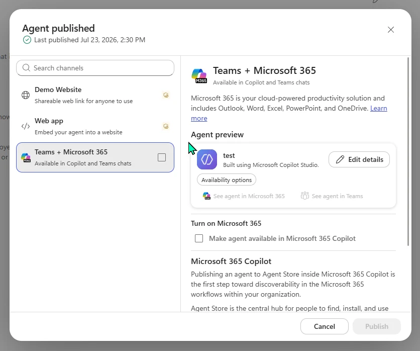 Screenshot from a Microsoft 365 Copilot tenant: the Copilot Studio publish/channels dialog for a 'test' agent, with 'Teams + Microsoft 365' selected so the agent is available in Copilot and Teams chats — including a preview with 'See agent in Microsoft 365' and 'See agent in Teams'.