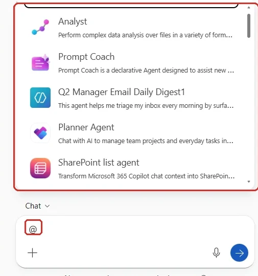 Screenshot from a Microsoft 365 Copilot tenant: typing '@' in the Copilot box inside Word (red-boxed) brings up an in-app agent picker (red-boxed) listing agents you can call without leaving the document — Analyst, Prompt Coach, a Daily Email Digest agent, Planner Agent and a SharePoint list agent.