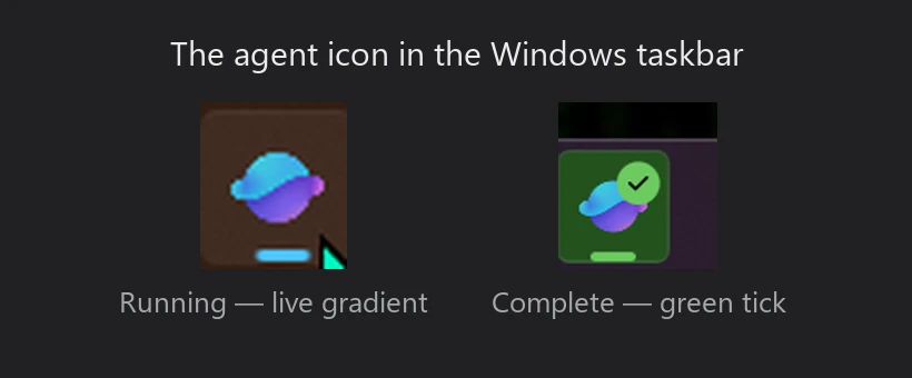 Illustration from a Microsoft 365 Copilot tenant: the Copilot agent's icon in the Windows taskbar in two states side by side — 'Running' with a live cyan gradient underline, and 'Complete' with a green checkmark badge.