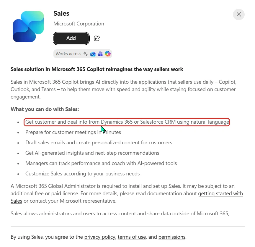 Screenshot from a Microsoft 365 Copilot tenant: the Sales agent's card in the Agent Store — 'Sales, by Microsoft Corporation', with an Add button and a 'What you can do with Sales' list including (red-boxed) 'Get customer and deal info from Dynamics 365 or Salesforce CRM using natural language', preparing for meetings, drafting sales emails, and AI-generated insights.