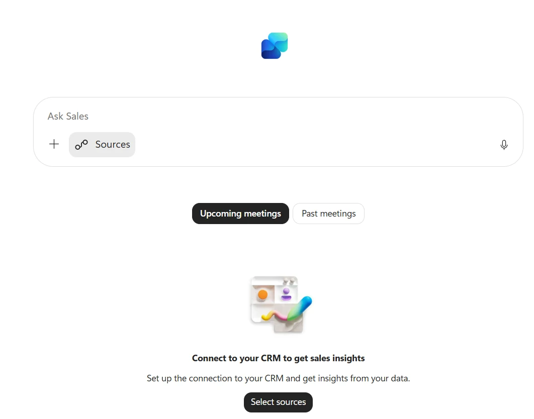 Screenshot from a Microsoft 365 Copilot tenant: the Sales agent interface — an 'Ask Sales' box with a Sources option, an Upcoming / Past meetings toggle, and a 'Connect to your CRM to get sales insights' prompt with a 'Select sources' button.